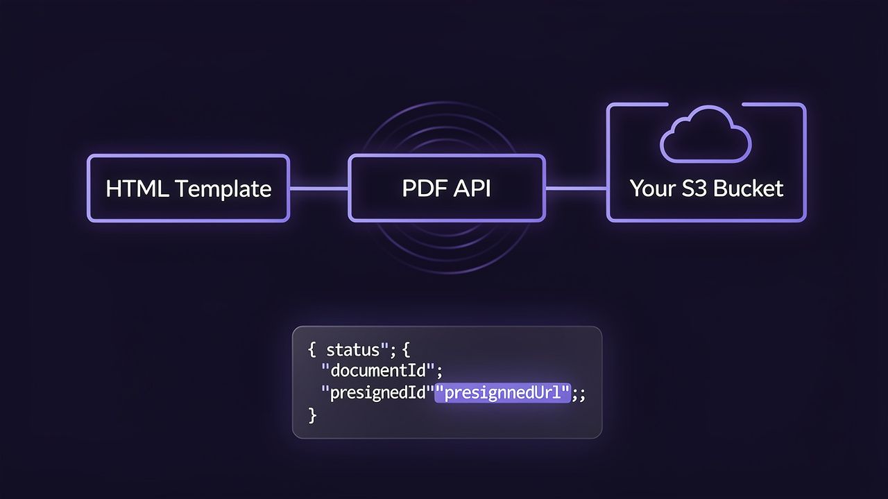 Neon flow diagram: HTML Template node to PDF API node to S3 Bucket with signed URL in JSON response