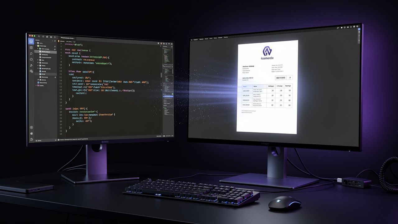 Developer workstation: code editor with HTML invoice on left, rendered PDF output on right