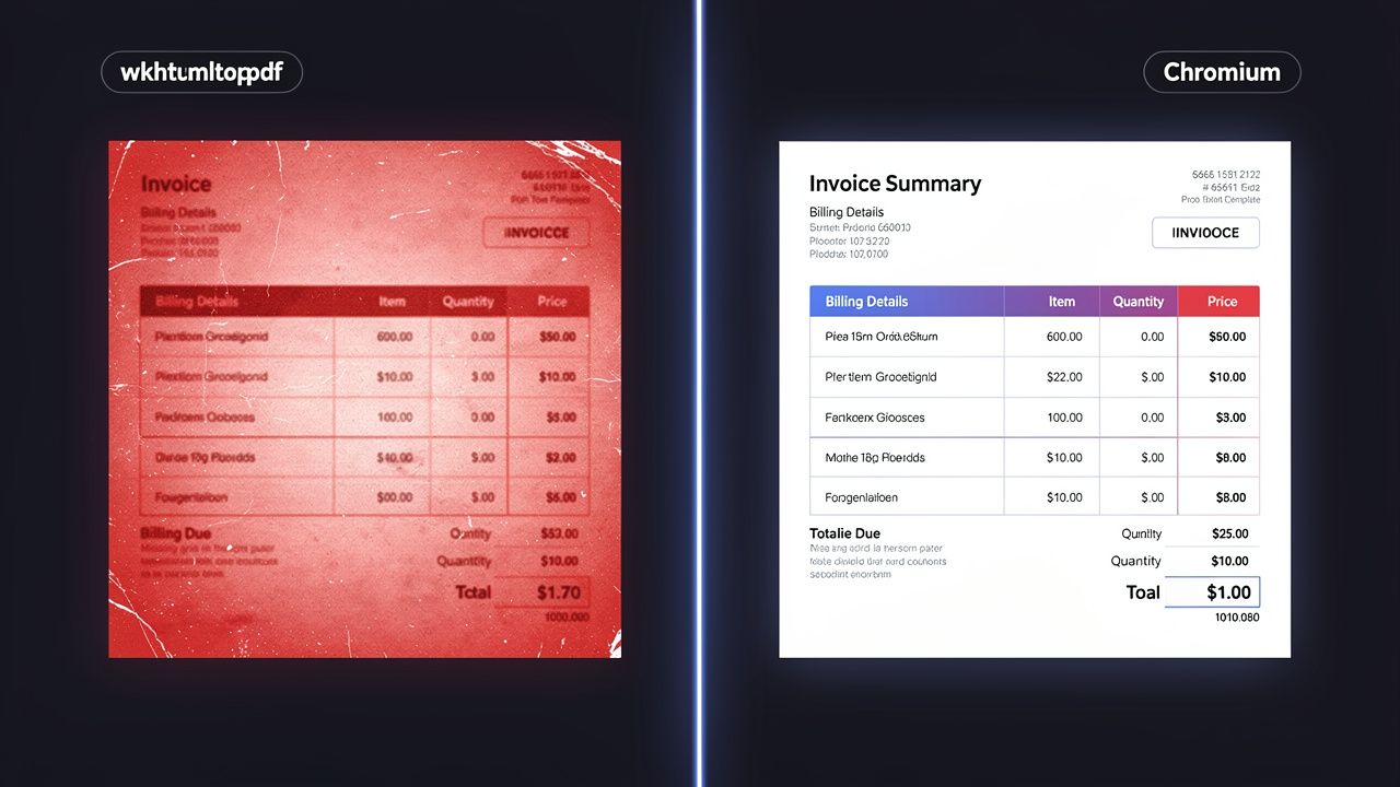Split comparison: wkhtmltopdf broken layout on left versus Chromium pixel-perfect render on right